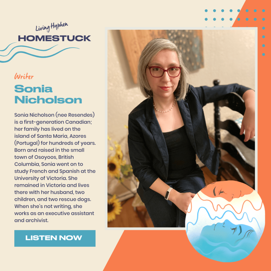 Living Hyphen’s Homestuck podcast, bio graphic for writer Sonia Nicholson.
