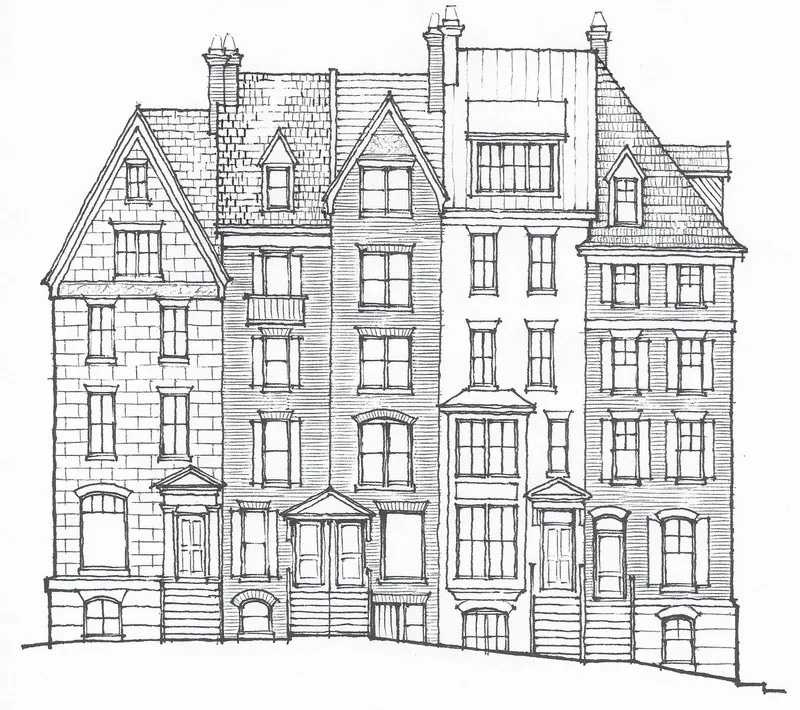 Line drawing of attached buildings (row houses).