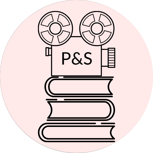 Circular logo with pale pink background. Inside is a black outline film reel projector sitting on top of a stack of books.