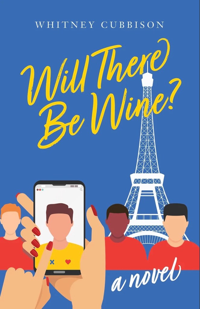 Illustrated cover on blue background. Include Eiffel Tower, and a cell phone screen showing a dating app.