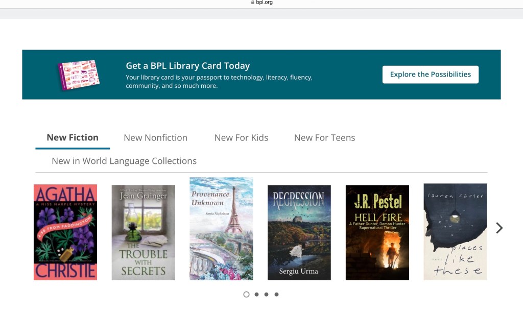 Screenshot showing slider of new fiction available from the Boston Public Library.