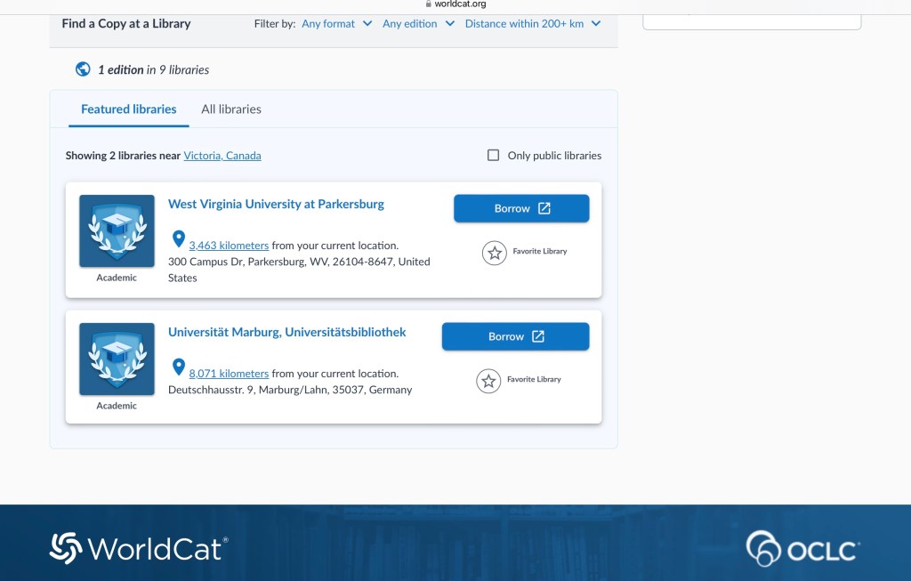 Screenshot from WorldCat showing universities carrying the Provenance Unknown e-book.