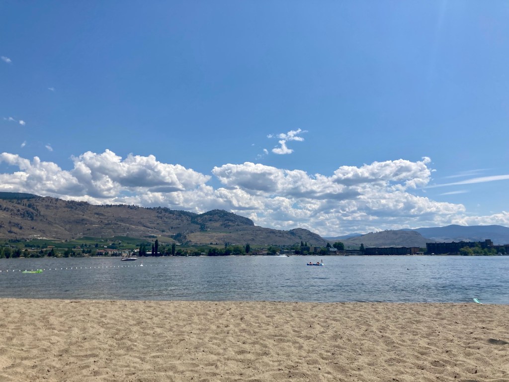 View of lake from beach on a sunny day.