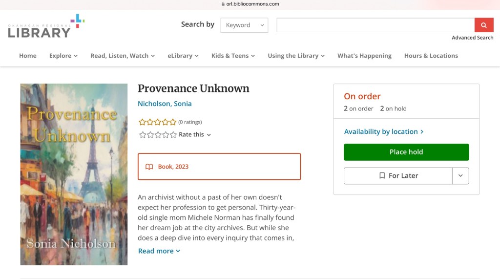 Screenshot from Okanagan Regional Library catalogue of entry for Provenance Unknown book by Sonia Nicholson.