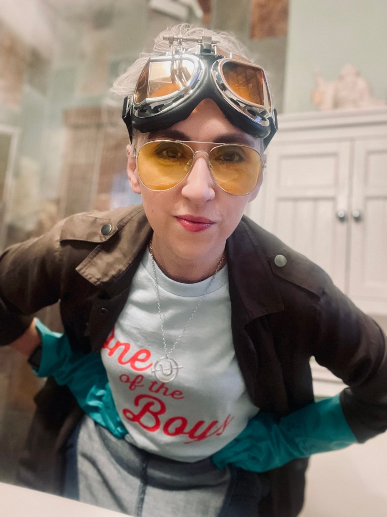 Author Sonia Nicholson dressed as Dr. Jillian Holtzmann, Ghostbuster.