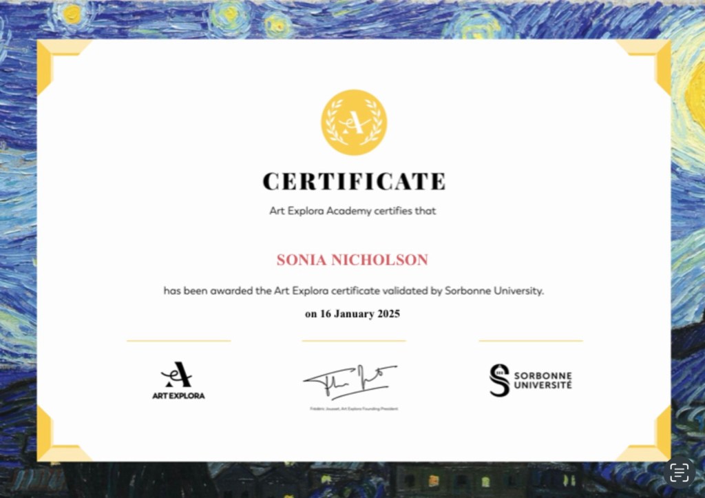 Art Explora Academy certificate of completion issued to Sonia Nicholson.