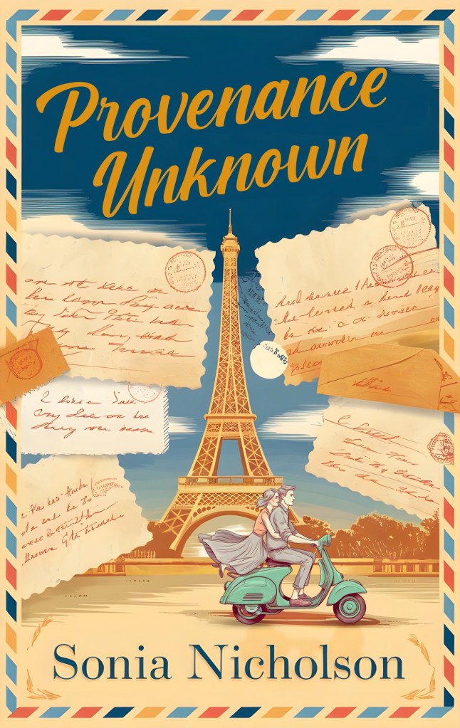 New cover for Provenance Unknown by Sonia Nicholson. Includes old letters, Eiffel Tower, and a couple on a Vespa scooter. 