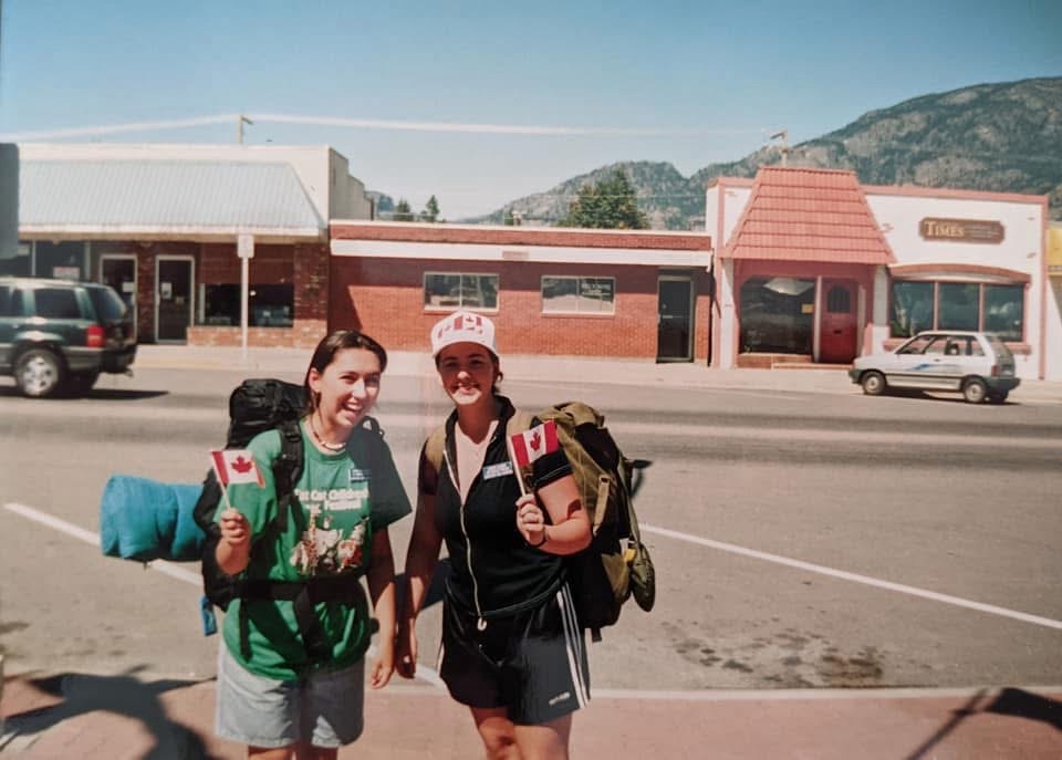 A young Sonia Nicholson and friend getting ready to travel to France, August 1997.