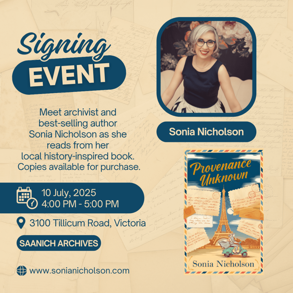 Poster for author Sonia Nicholson book signing event. Follow link for details. 
