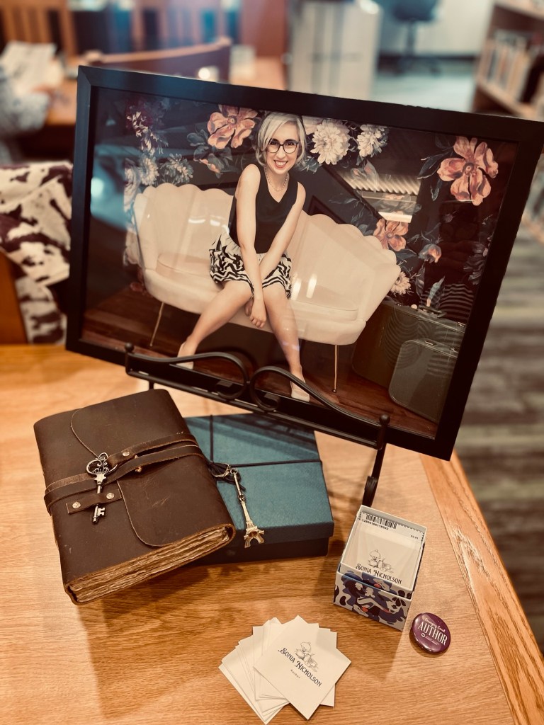 Display for author Sonia Nicholson book event. 