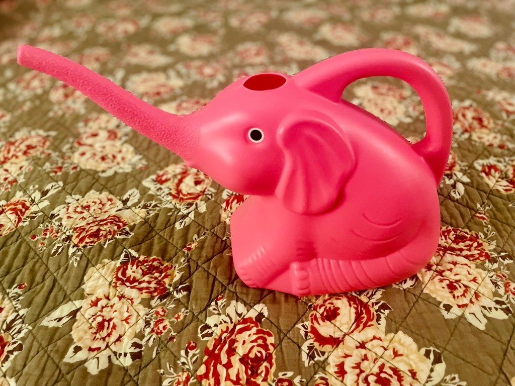 Pink elephant watering can.