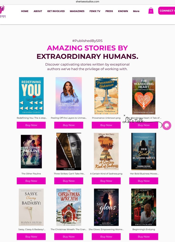 Screenshot from She Rises Studios website of books they have published, including Provenance Unknown by author Sonia Nicholson. 