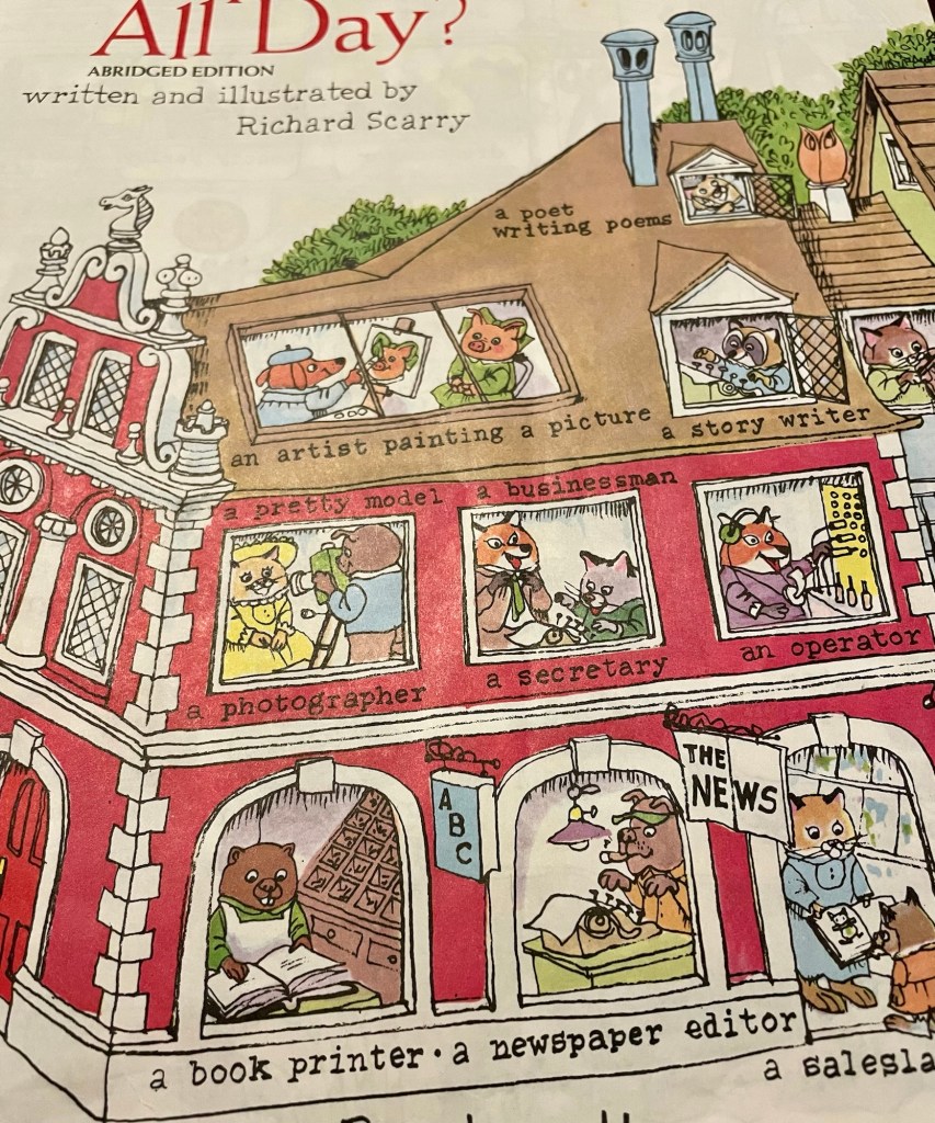 Detail from Richard Scarry book cover showing animals going daily activities in different rooms in a three story building. 