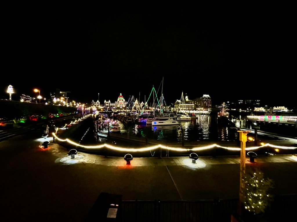 View of Victoria, British Columbia’s Inner Harbour at night, with Christmas lights, December 2025. Photo by Sonia Nicholson. 