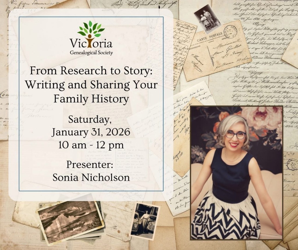 Promotional graphic for Sonia Nicholson’s workshop for the Victoria Genealogical Society.