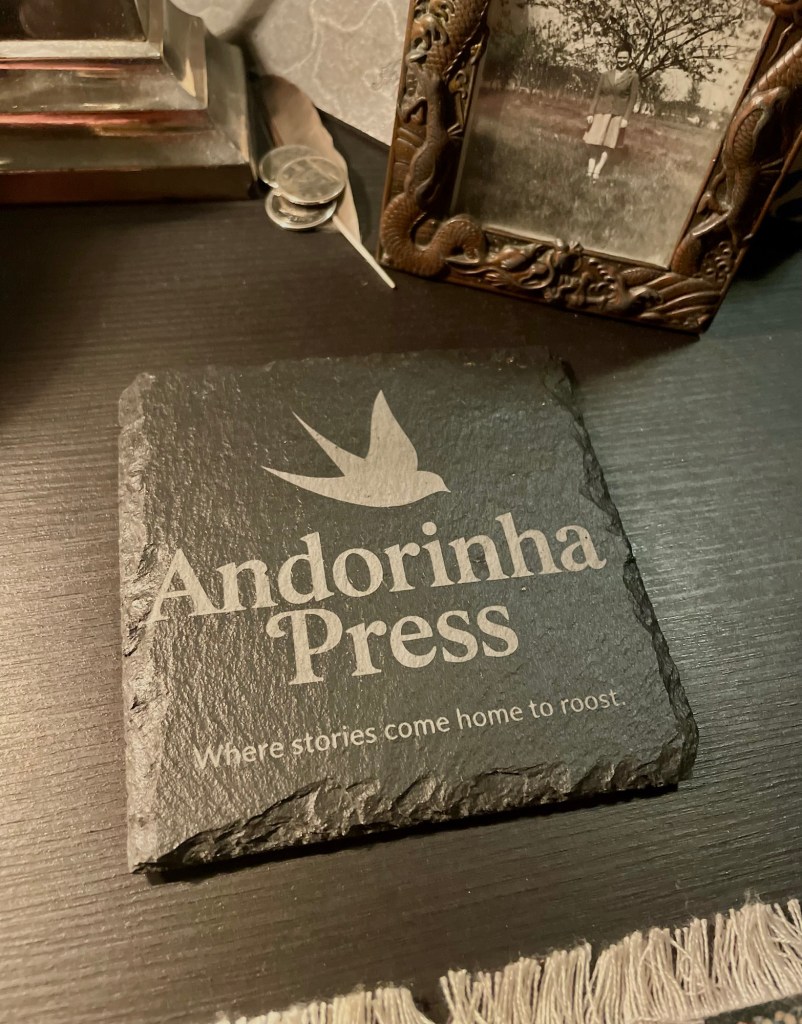Slate coaster with Andorinha Press logo and tag line. 