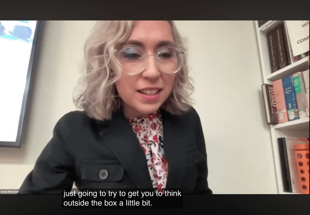 Screenshot from workshop showing author and presenter Sonia Nicholson. 