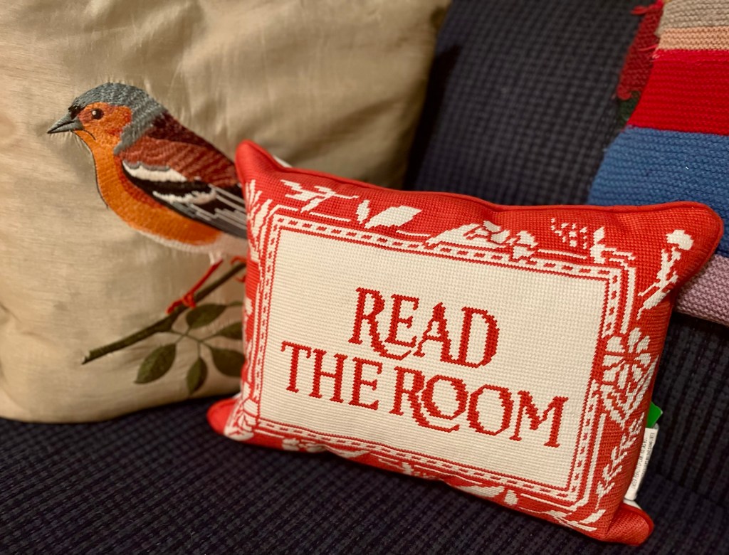 Red and white cross-stitch-style cushion with the words "Read the room".