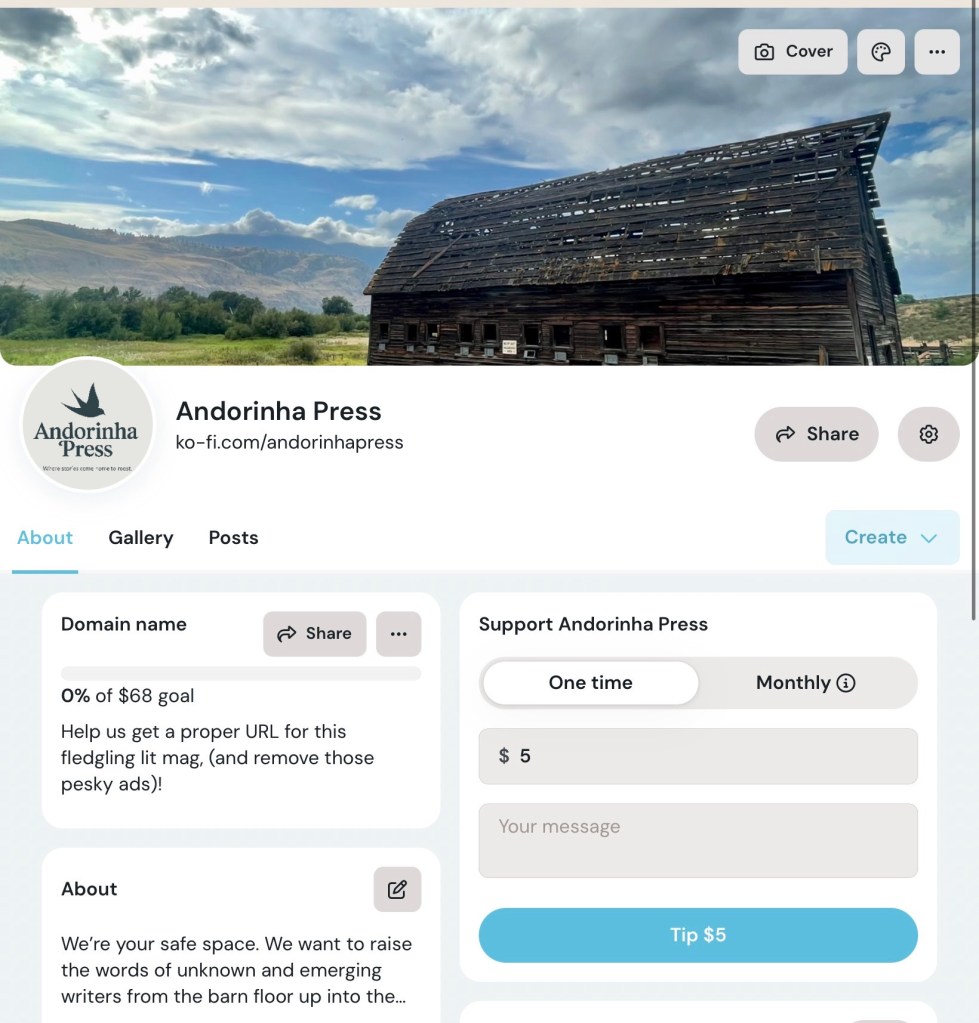 Screenshot of Andorinha Press ko-fi page. Click image to go to page.