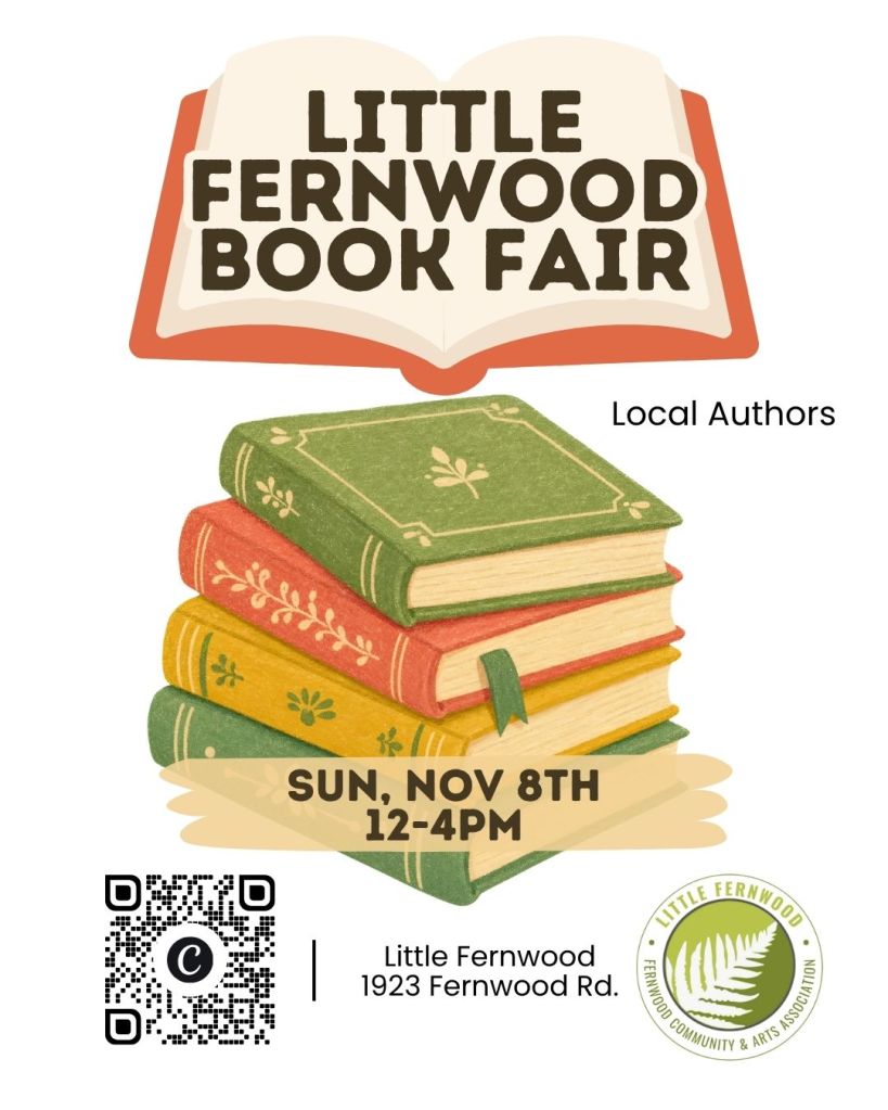 Little Fernwood Book Fair graphic. Sun Nov 8, 12-4 pm. 1923 Fernwood Rd., Victoria BC