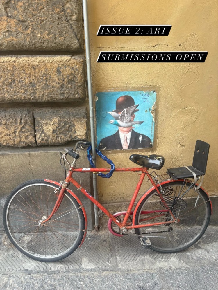 Red bicycle leaning against wall. Bird art on wall above.